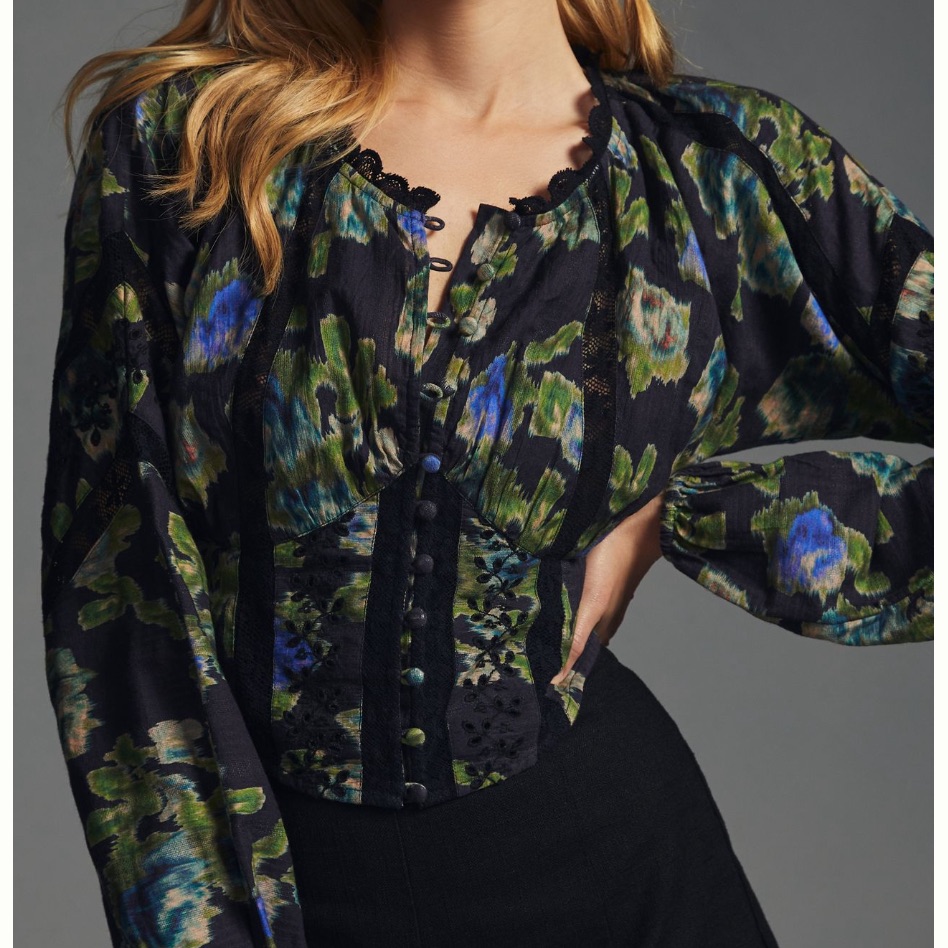 Loveshackfancy Nayeem Long Sleeve Floral 100% Cotton Bustier Blouse, New